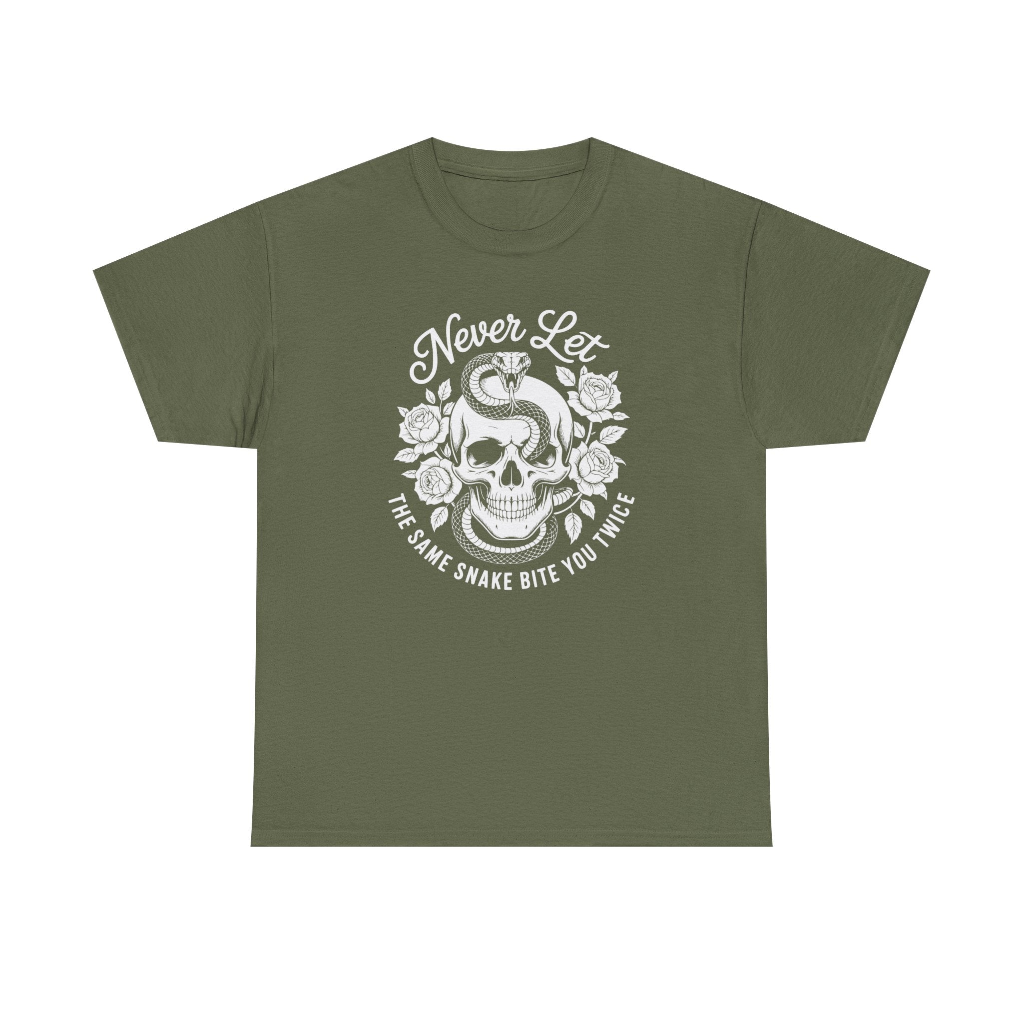 T-Shirt — "Never Let The Same Snake Bite You Twice" Skull & Snake Graphic