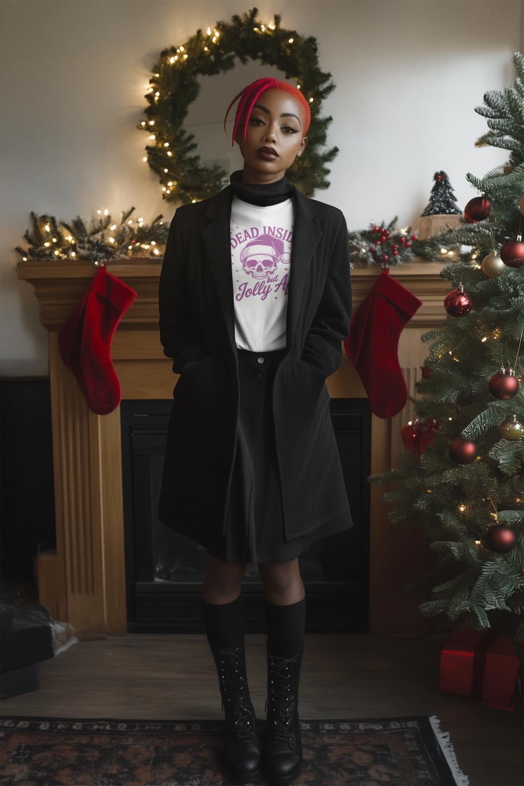 Skull Christmas Tee, Dead Inside but Jolly AF, Funny Holiday T-Shirt, Goth Christmas Gift, Unisex Cotton Tee